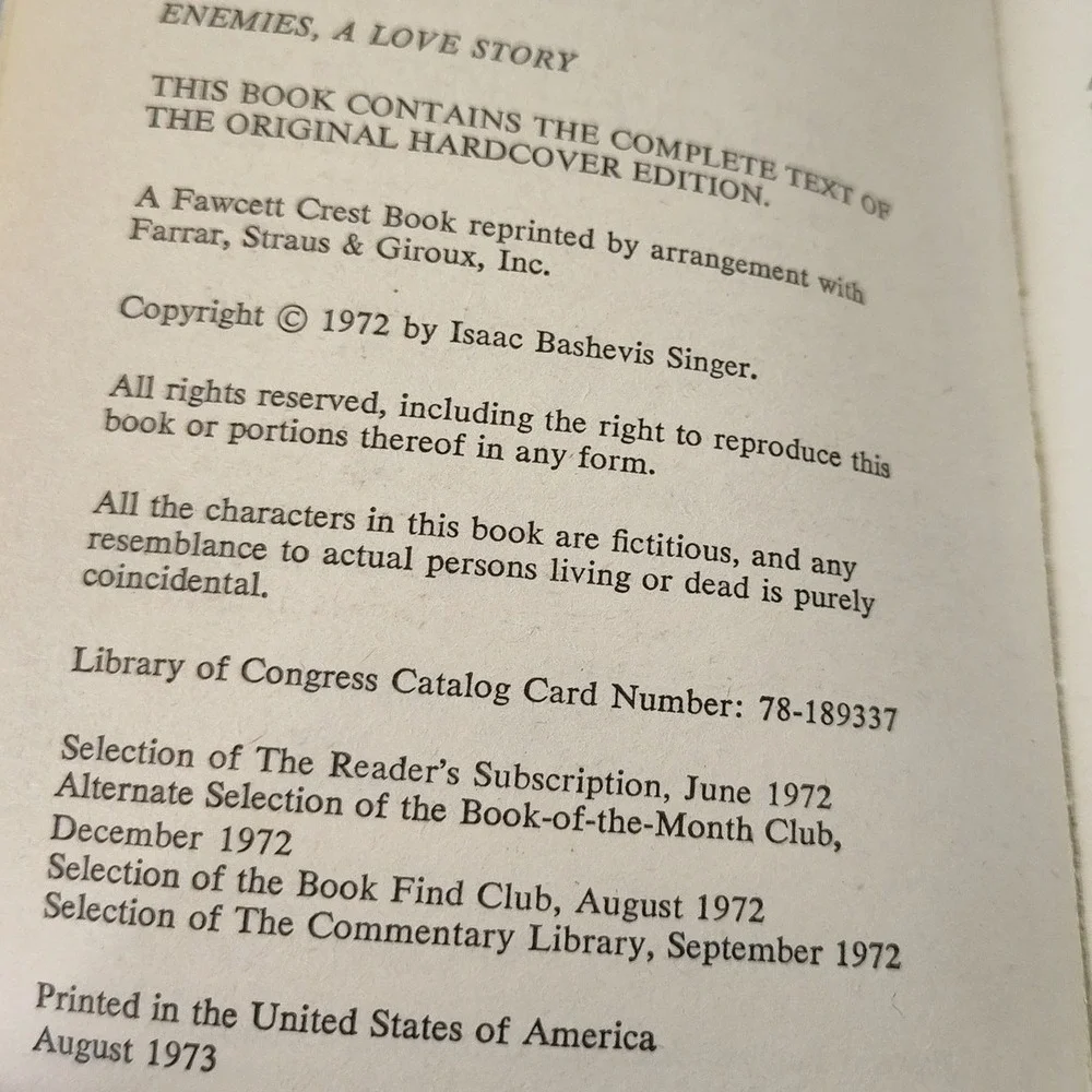 Enemies A Love Story by‎ Isaac Bashevis Singer 70s Fawcett Crest Paperback Novel
